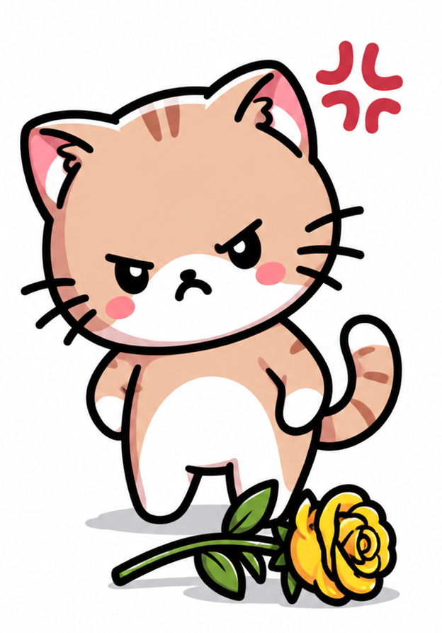 Gatito enfadado con flores amarillas