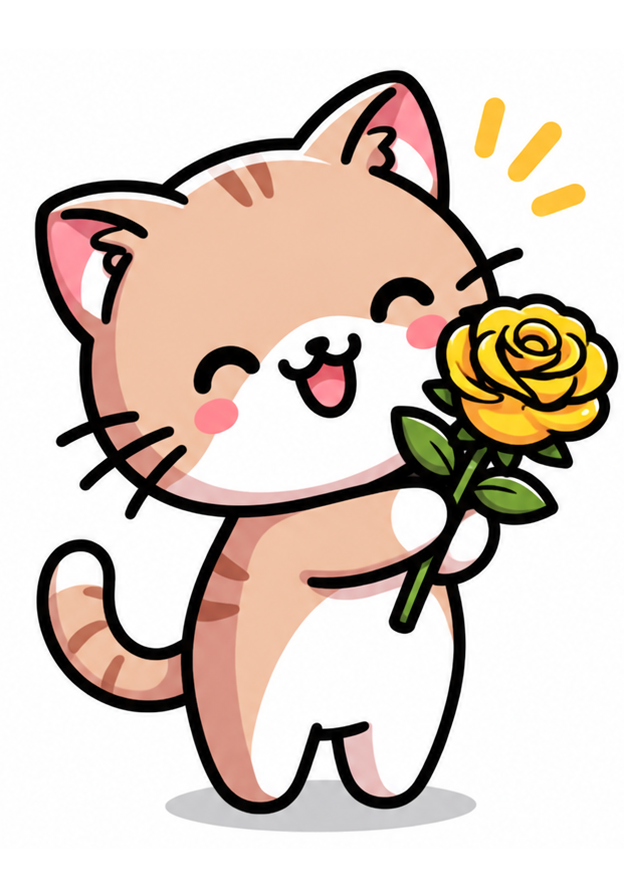 Gatito feliz con flores amarillas